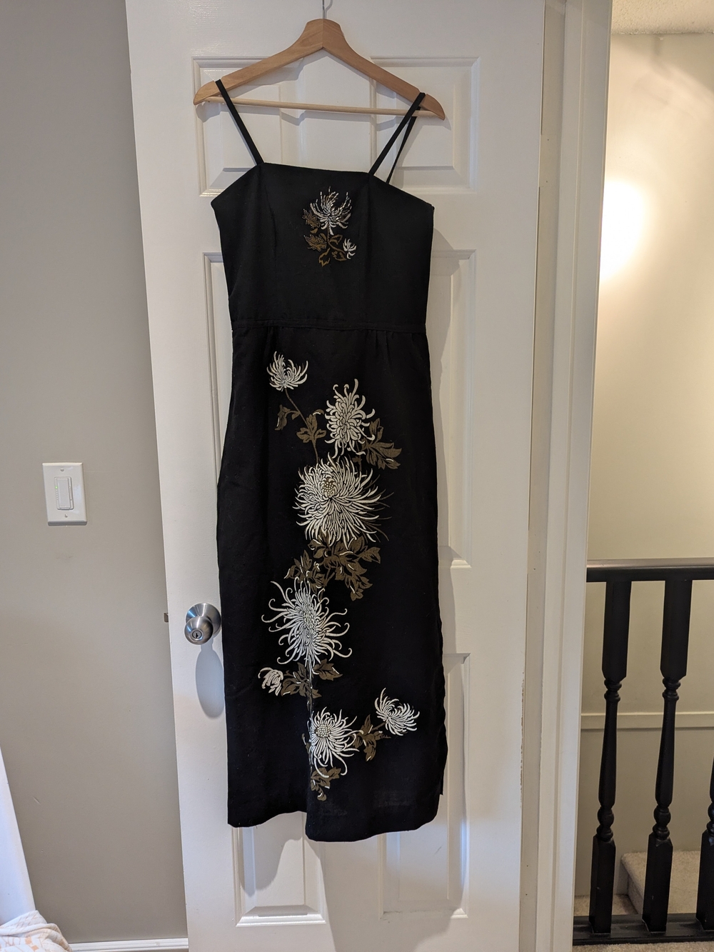 Vintage 90s Dark Romance Japanese Floral Hand Beaded Black linen Midi Dress S/M
